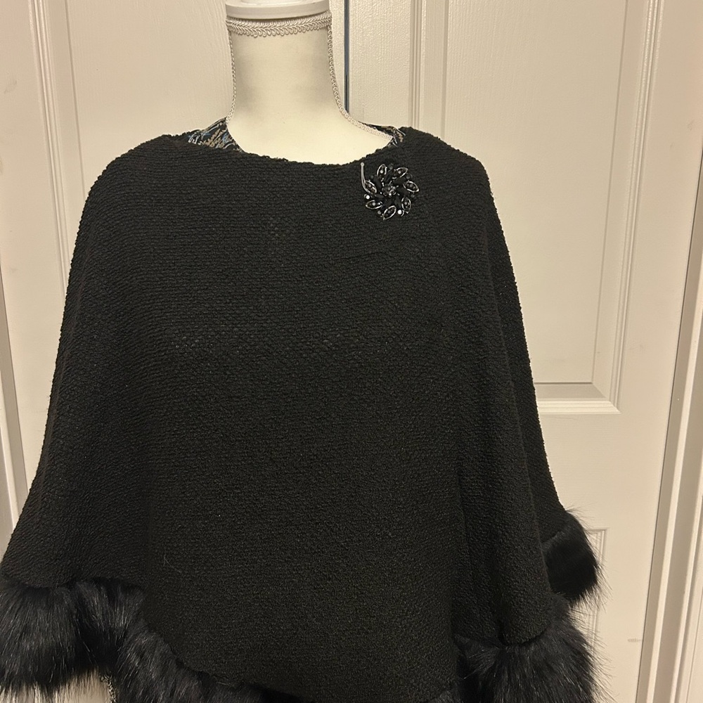 JM Collection Black Bouclé Poncho with Faux Fur Trim and Brooch